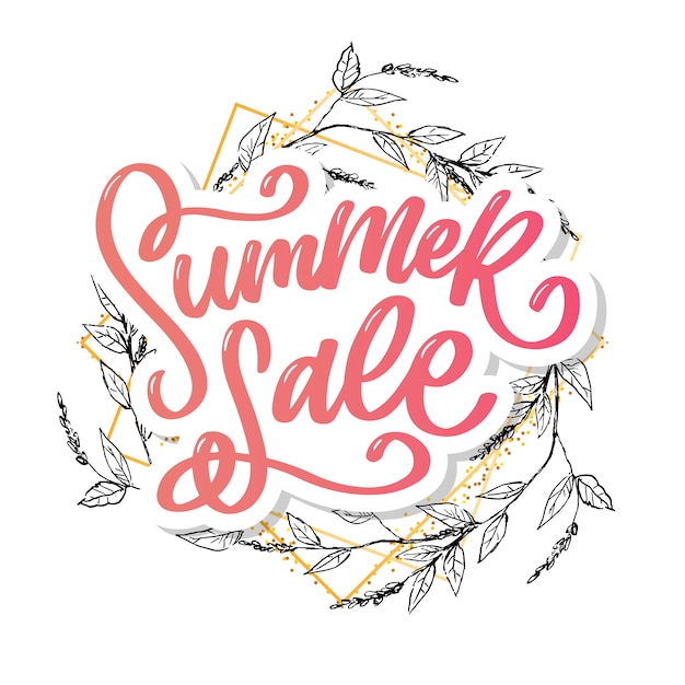 Summer sale lettering in floral wreath, line art style