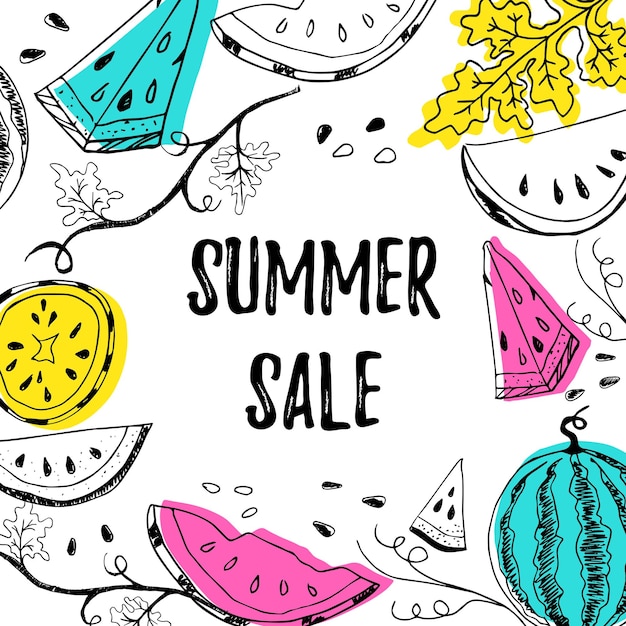 Summer sale offer banner postcard lettering text with hand drawn watermelons and colored shapes