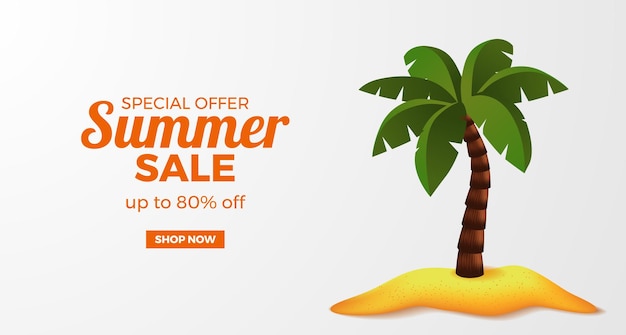 Summer sale offer banner promotion with 3d palm coconut tree on the sand beach island