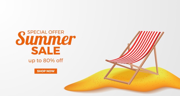 Summer sale offer banner promotion with illustration of folding seat chair relax on the sand beach island