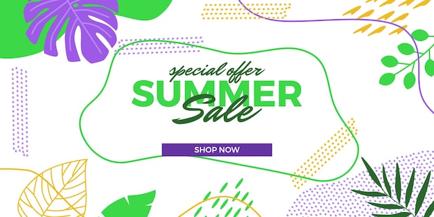 Summer sale offer banner promotion with tropical abstract leaves memphis ornament decoration