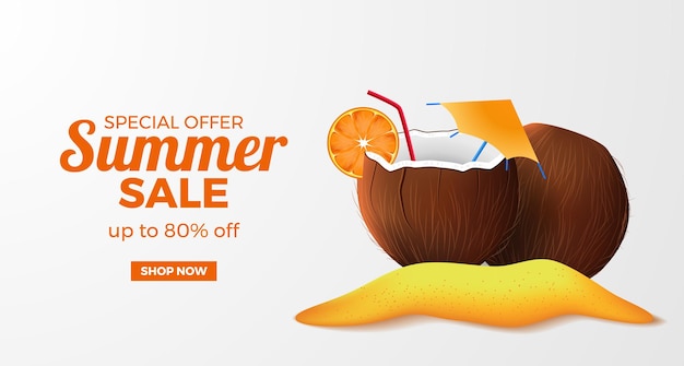 Summer sale offer banner template with 3d realistic coconut drink on the sand beach island