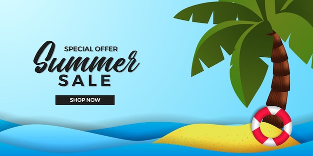 Шаблон баннера летней распродажи с островом песчаного пляжа и кокосовой пальмой