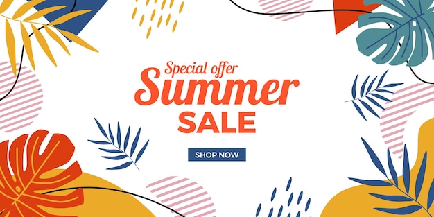 Summer sale offer banner with tropical leaves