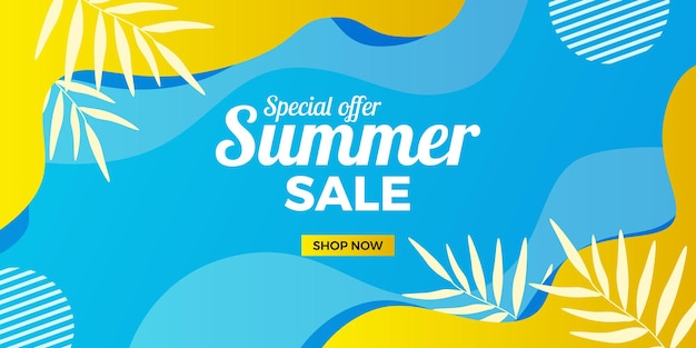 Summer sale offer banner with tropical leaves