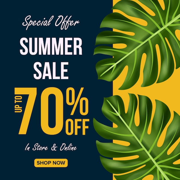 Summer sale offers banner design with leaves background