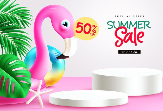 Summer sale podium tekst vector banner Summer sale speciale aanbieding tekst met roze flamingo drijvers
