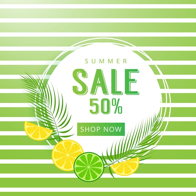 Vector summer sale poster banner template with tropical leaves and sliced citrus