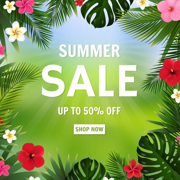 Summer sale poster bokeh and tropical flowers