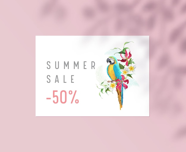 Summer sale poster, corporate business brand identity, stationary template with parrot sitting on branch with plumeria flowers and tree leaves shadow. discount promotional offer. vector illustration