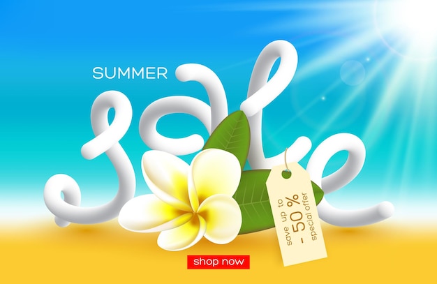 Summer sale poster design. realistic flower with 3d letters, blur effect sunny background. illustration