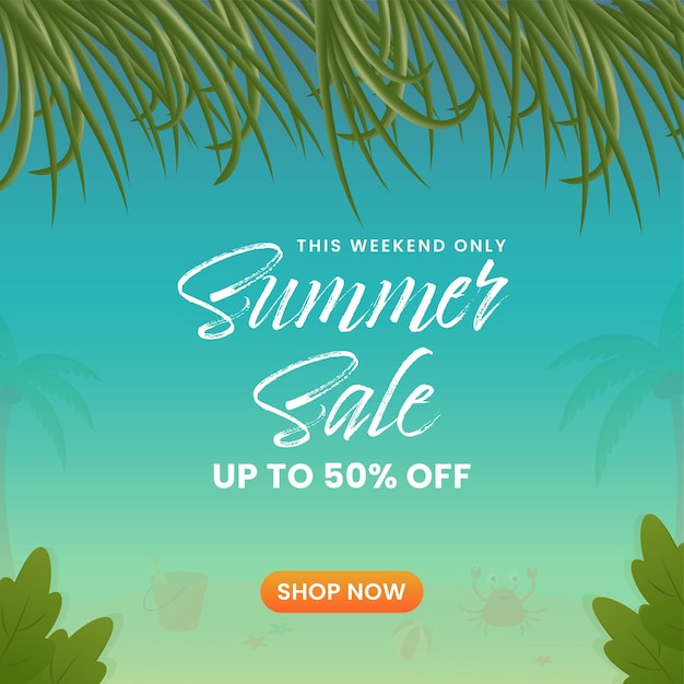 Summer sale poster design with 50% discount offer and green leaves decorated on turquoise background.