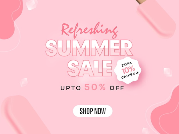 Vector summer sale poster design with 50% discount offer and ice cream stick on pink background.