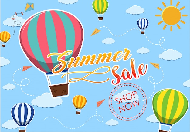Summer sale poster design with balloons in the sky