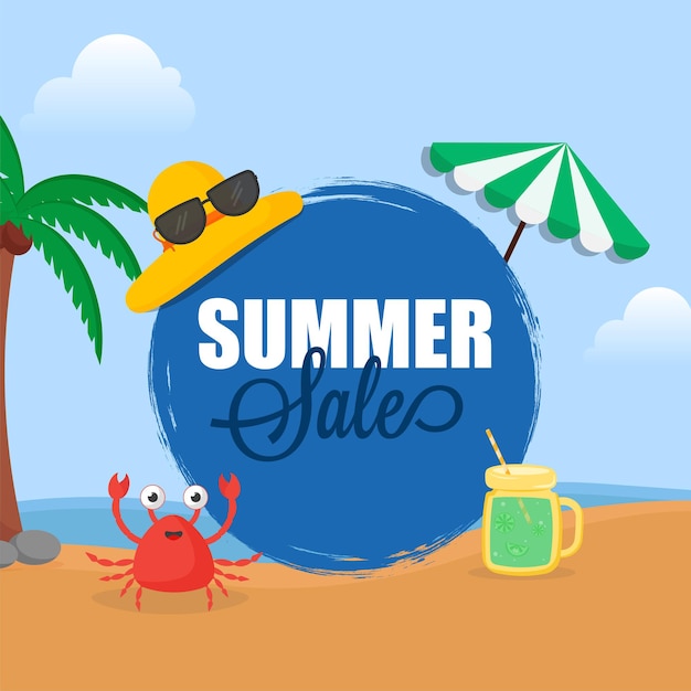 Summer Sale Poster Design With Hat, Goggles, Cartoon Crab, Jar, Umbrella And Coconut Tree On Beach Background.