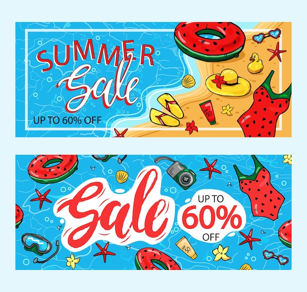 Плакат летней распродажи со скидкой 60%. Текстовые и летние элементы для продвижения маркетинга магазина.