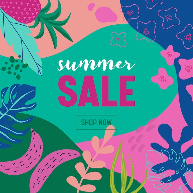 Summer Sale poster with tropic leaves and flowers, advertisement banner and tropical background in modern flat style, flash spring special offer, poster vacation ad, flyer. Vector illustration