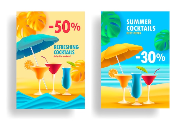 Poster di saldi estivi con offerte promozionali per cocktail alcolici con illustrazioni 3d realistiche