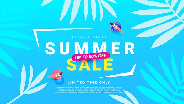 Summer sale promo  with tropical leaves beach accessories