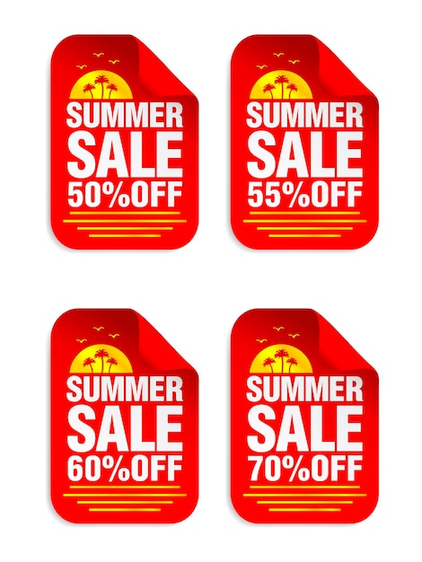 Summer Sale red sticker set Sale 50 55 60 70 off Stickers with palms icon