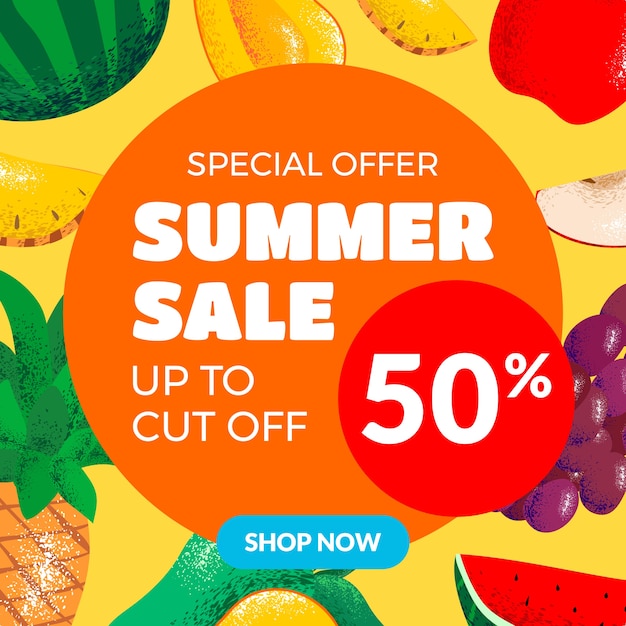 Vector summer sale round banner with pieces of fruits