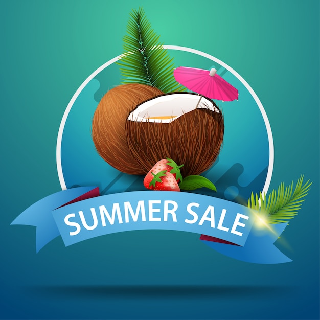 Summer sale, round discount clickable web banner with ribbon for your website or business