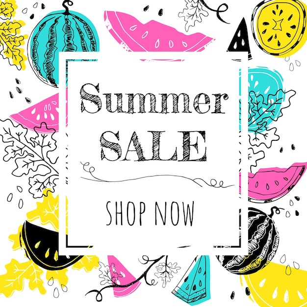 Summer sale shop now offer banner postcard lettering text with hand drawn watermelons