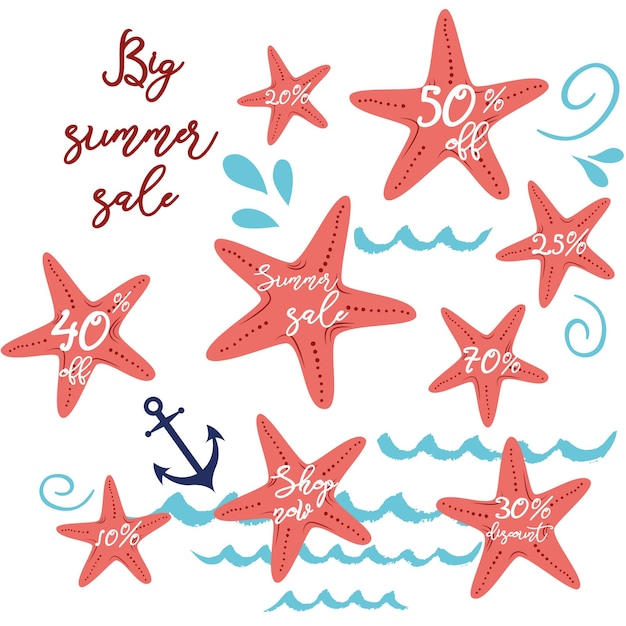 Summer sale shopping logo badge vector set Store summertime hand drawn sea style logotypes sea stars