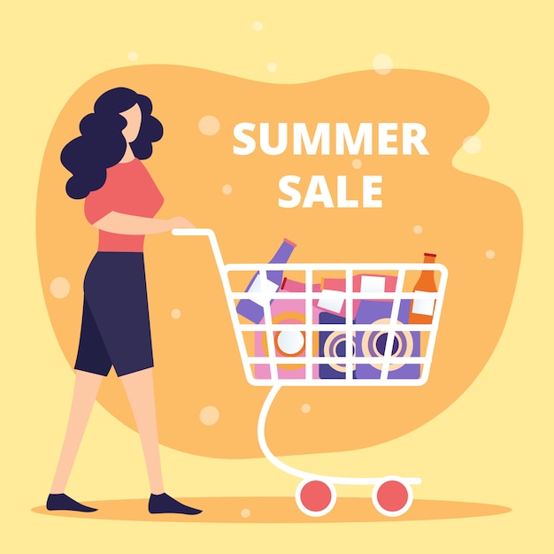 Summer Sale Square Banner with Young Woman Pushing Shopping Cart