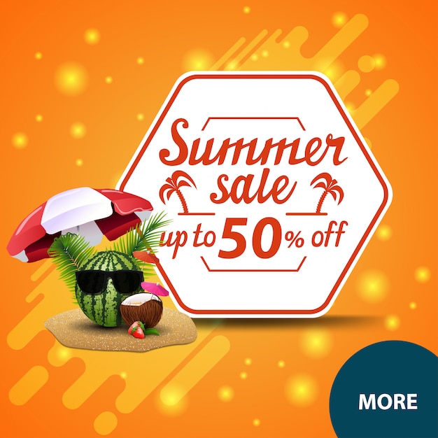 Summer sale, square discount web banner for your website with watermelon in glasses 