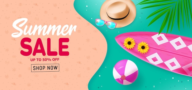 Summer sale text vector banner design Beach elements with 50 off for summer season Vector