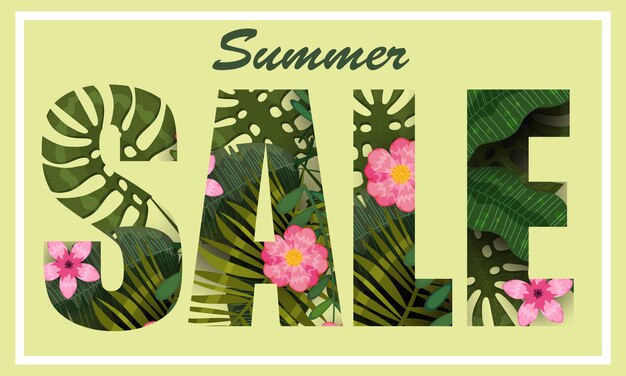 Summer Sale trendy tropical leaves and flowers.