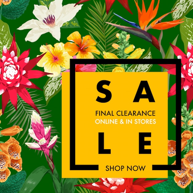 Summer sale tropical banner template. seasonal promotion with exotic flowers and leaves.