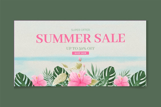 Summer sale tropical banner with beach and watercolor