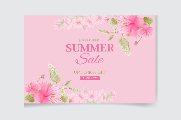 Summer sale tropical banner with flower hibiscus premium vector