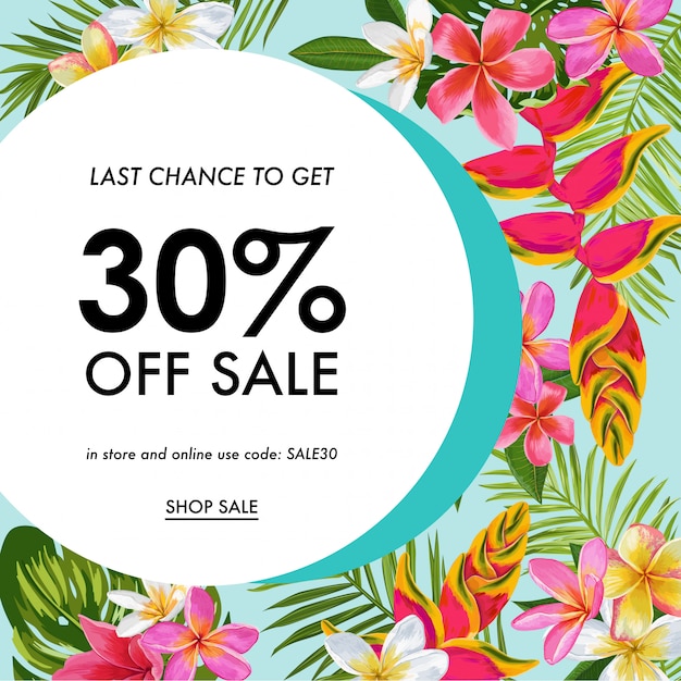 Summer sale tropical banner with flowers