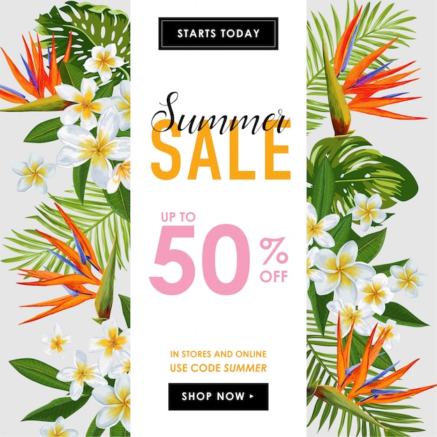Summer sale tropical banner with flowers