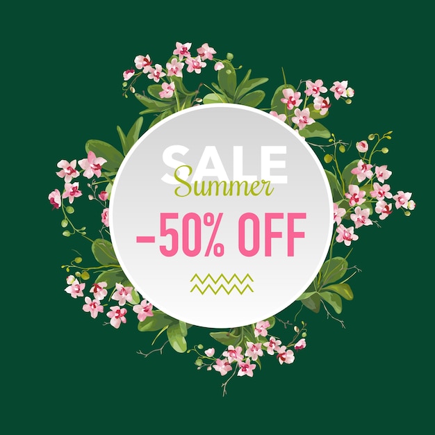 Banner di fiori tropicali di vendita estiva, per poster di sconto, vendita di moda, offerta di mercato