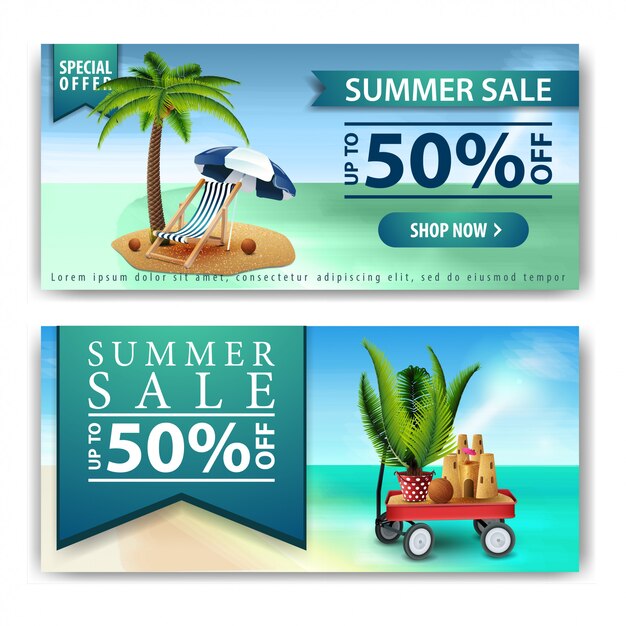 Vector summer sale, two horizontal discount banners for your business