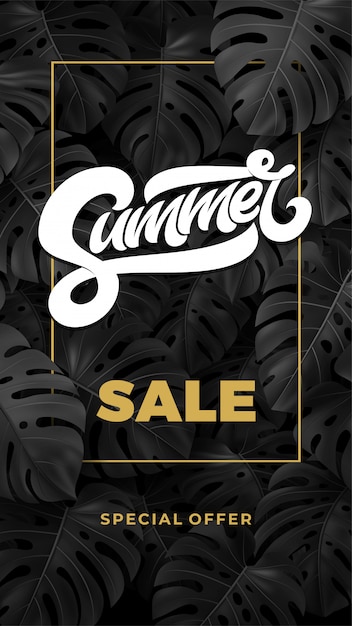 Vector summer sale typography in frame on tropical dark texture with leaves. illustration with lettering for banner, flyer, poster, web site, card, stories, promotion. botanical background with monstera.