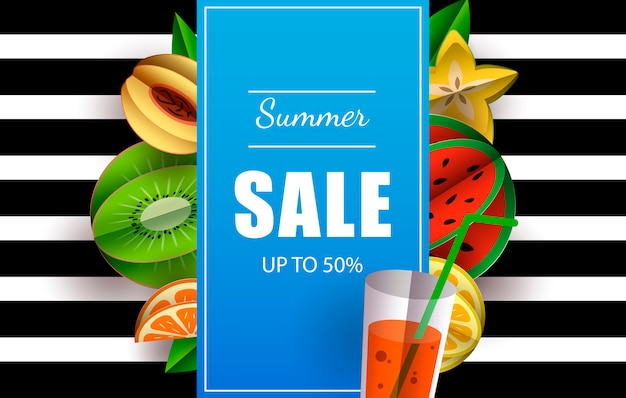 Summer sale fino al 50% modello di banner con pulsante acquista ora e frutti tropicali.