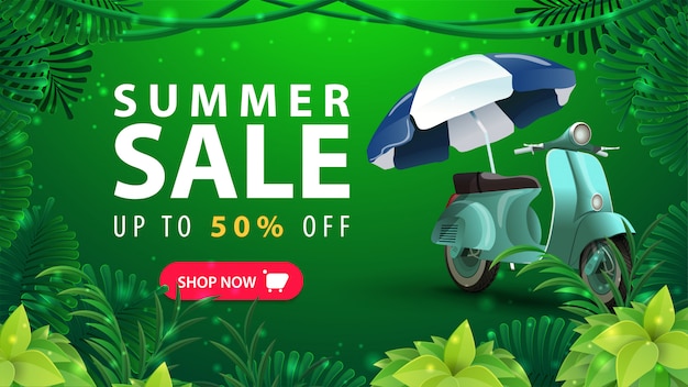 Summer sale, up to 50% off, green discount web banner for your business with vintage moped, tropical jungle frame and large offer with button