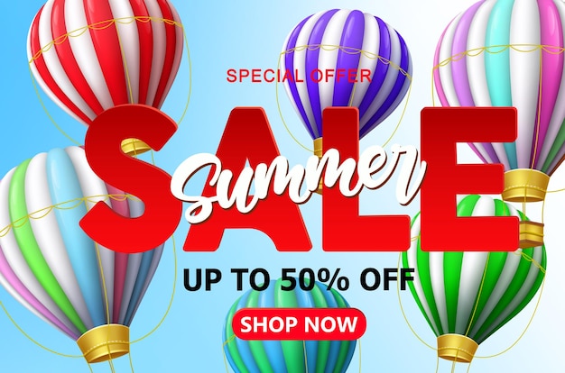 Summer sale vector banner background Summer sale text with 3d colorful hot air balloon