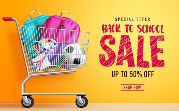 Summer sale vector banner design back to school sale text in special offer discount with backpack