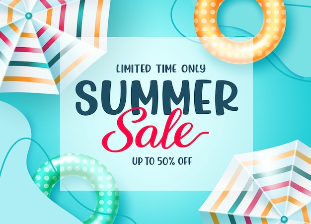 Summer sale vector banner design Summer limited time only text with tropical items of floaters