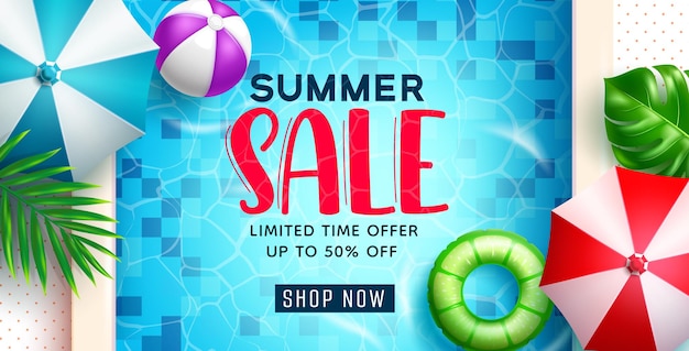 Vector summer sale vector banner design summer sale limited time offer text in swimming pool background