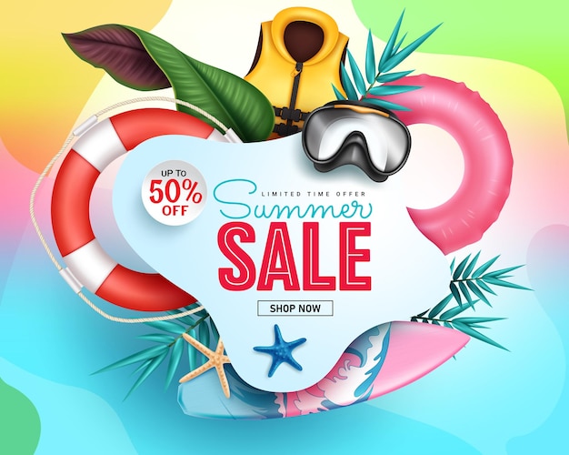 Vector summer sale vector banner design summer sale text up to 50 off with floaters and leaves elements