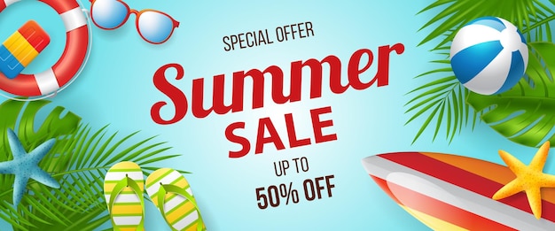 Summer Sale vector banner design with colorful 3D beach elements