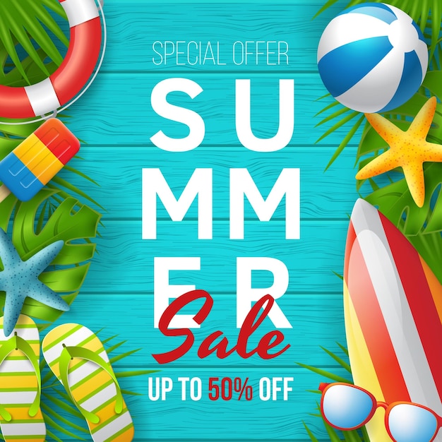 Summer Sale vector banner design with colorful 3D beach elements