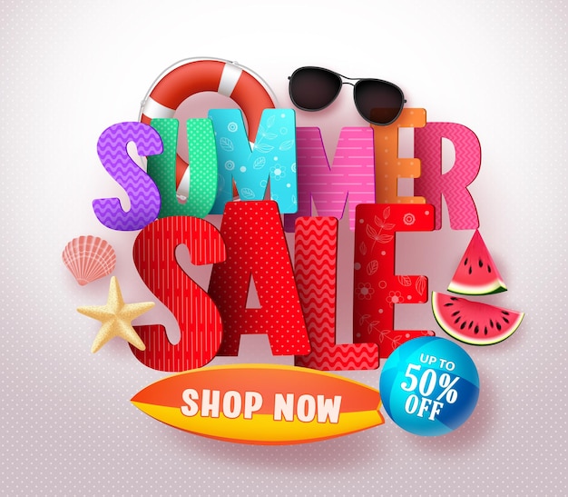 Summer sale vector banner design with colorful 3D sale text and beach elements in white background